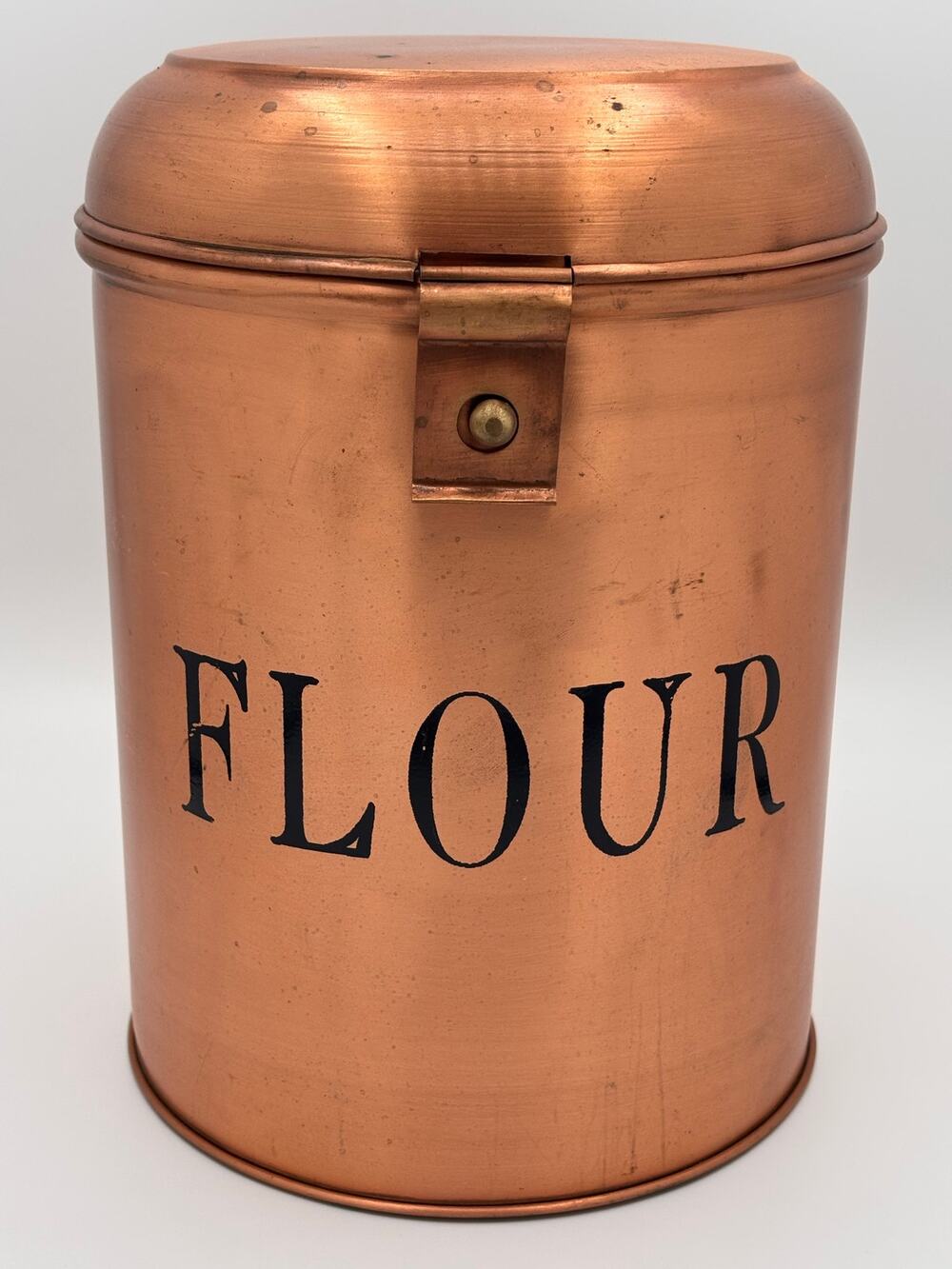 Vintage Copper Flour Canister with Latch Lid and Black Lettering
